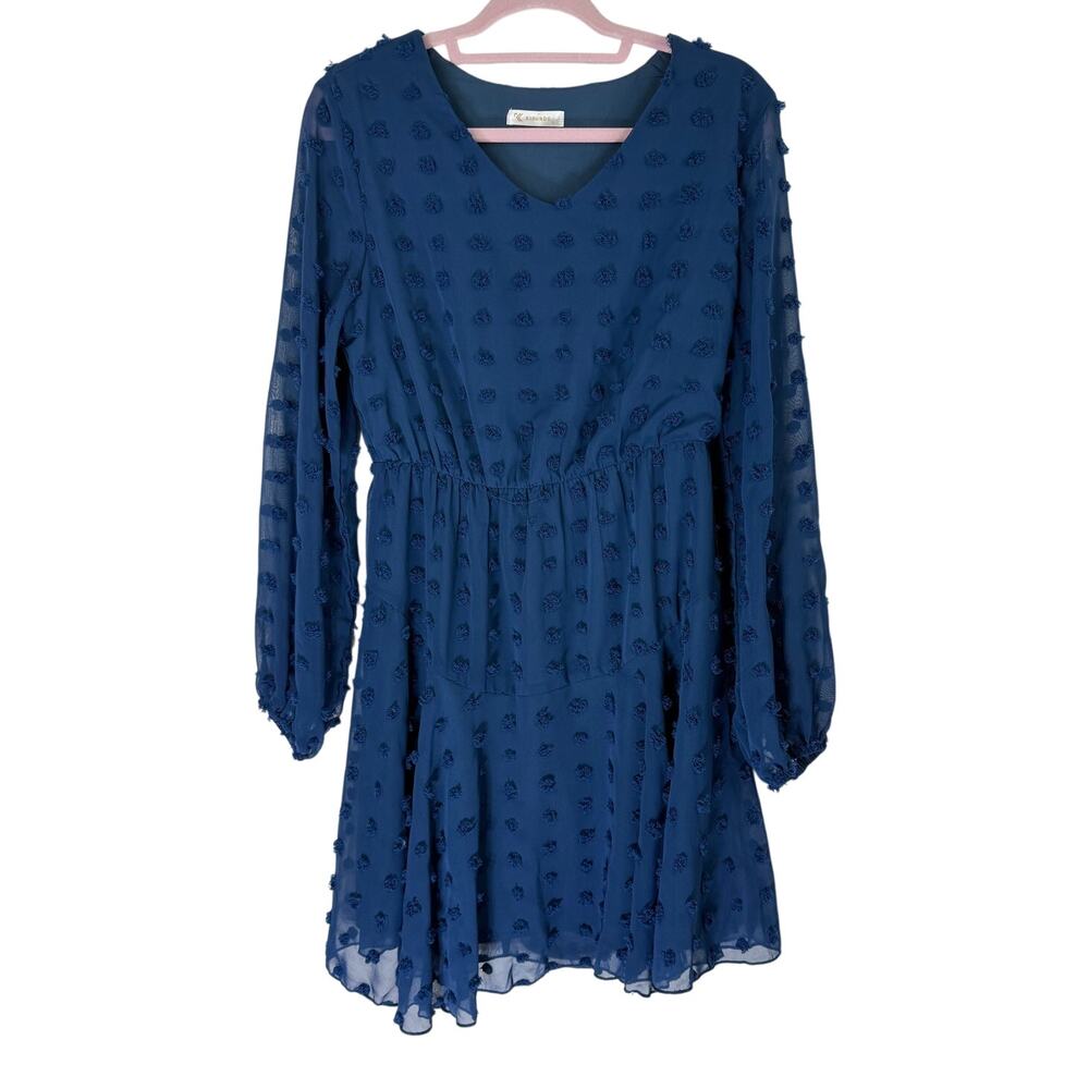Kirundo Blue Long Sleeve V-neck Swiss Dot High Waist Chiffon Mini Dress Size M - Picture 2 of 10
